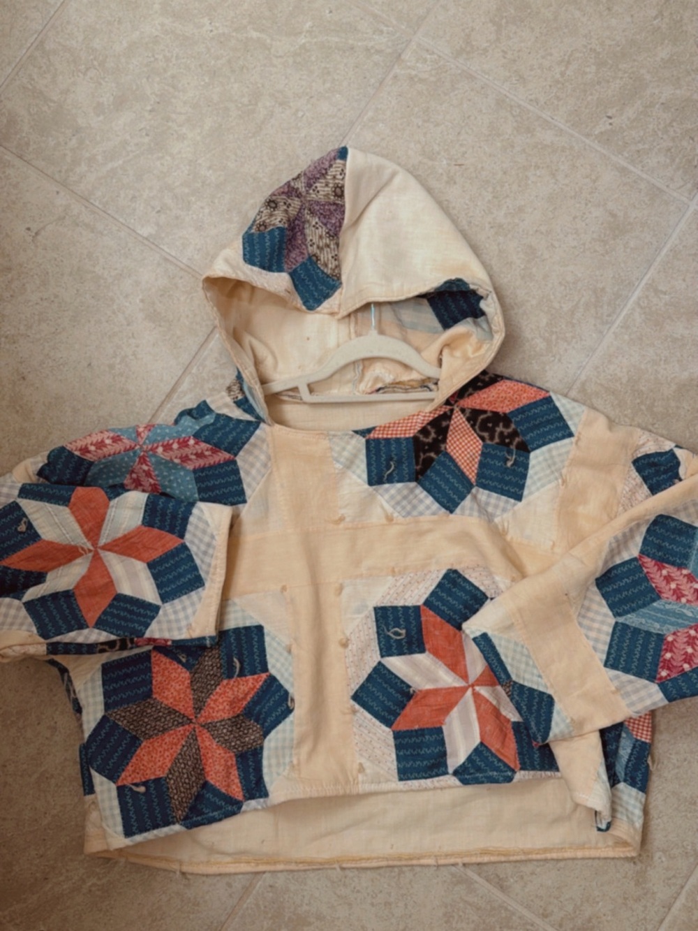 Patchwork Star Quilt Hoodie - Cream with Blue & Coral Stars